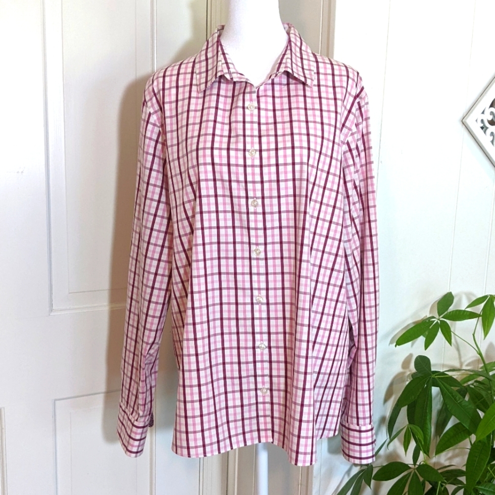 Land's End, No Iron Supima, long sleeve pink & burgundy plaid button up. EUC